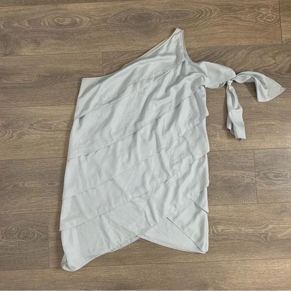 BCBG Women's Mini Dress Tiered Layered Ruffle One Shoulder Tie Sleeve Pale blue - Picture 13 of 16